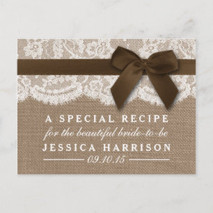 Brown Ribbon On Burlap & Lace Bridal Shower Recipe Invitation Postcard