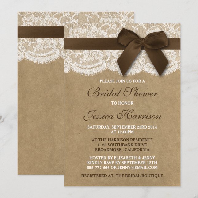 Brown Ribbon On Kraft & Lace Bridal Shower Invitation (Front/Back)
