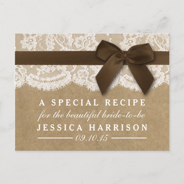 Brown Ribbon On Kraft & Lace Bridal Shower Recipe Invitation Postcard (Front)