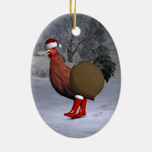 Brown Rooster Santa Claus Ceramic Ornament