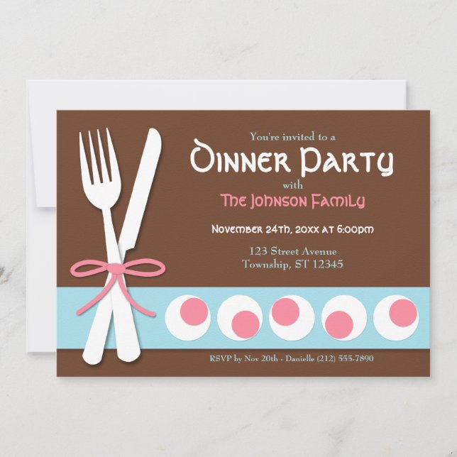 Brown rose et bleu - Fork & Knife Diner Invitation (Devant)