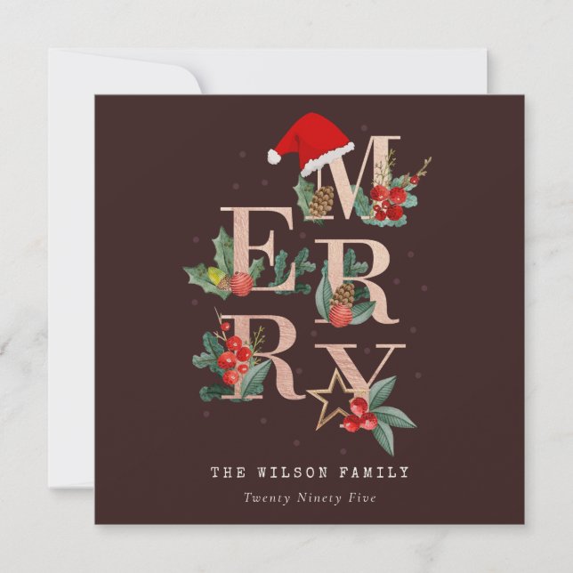 Brown Rose Gold Red Green Merry Christmas Foliage Holiday Card (Front)