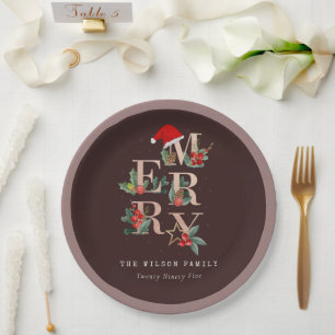 Brown Rose Gold  Red Green Merry Christmas Foliage Paper Plate