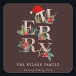 Brown Rose Gold Red Green Merry Christmas Foliage Square Sticker<br><div class="desc">If you need any further customisation please feel free to message me on yellowfebstudio@gmail.com.</div>