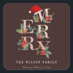 Brown Rose Gold Red Green Merry Christmas Foliage Square Sticker<br><div class="desc">If you need any further customisation please feel free to message me on yellowfebstudio@gmail.com.</div>