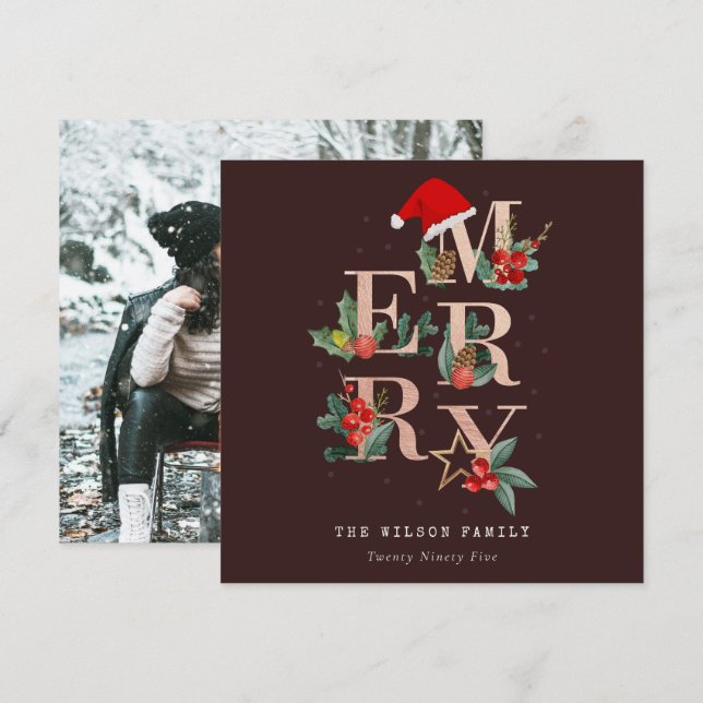 Brown Rose Gold Red Merry Christmas Foliage Photo Holiday Card (Front/Back)