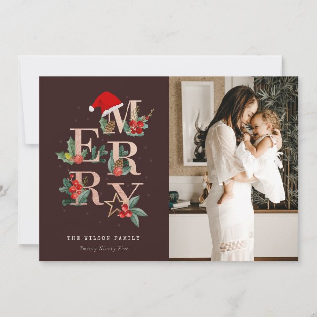 Brown Rose Gold Red Merry Christmas Foliage Photo Holiday Card (Front)