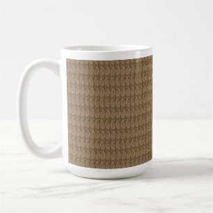 Brown rug featuring a detailed motif pattern with coffee mug