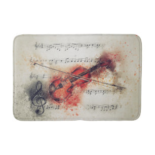 Brown Rust Cream Watercolor Violin Sheet Music Bath Mat
