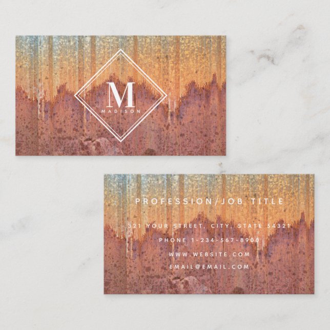 Brown Rust Metallic Texture Monogram Initial Business Card (Front/Back)