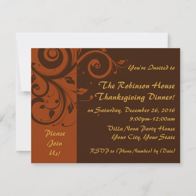 Brown,Rust Reverse Swirl Holiday Party Invitations (Front)