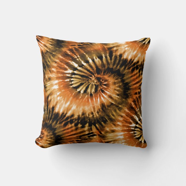 Brown & Rust Tie Dye Starburst Spiral Retro Throw Pillow (Front)
