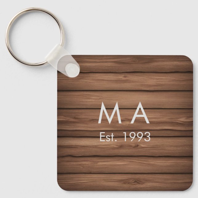 Brown rustic boho add name letter year date text keychain (Front)
