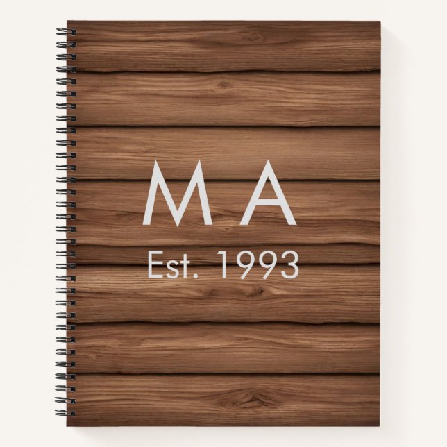 Brown rustic boho add name letter year date text notebook (Front)
