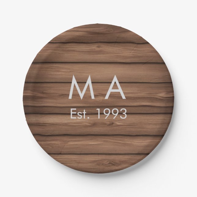 Brown rustic boho add name letter year date text paper plate (Front)