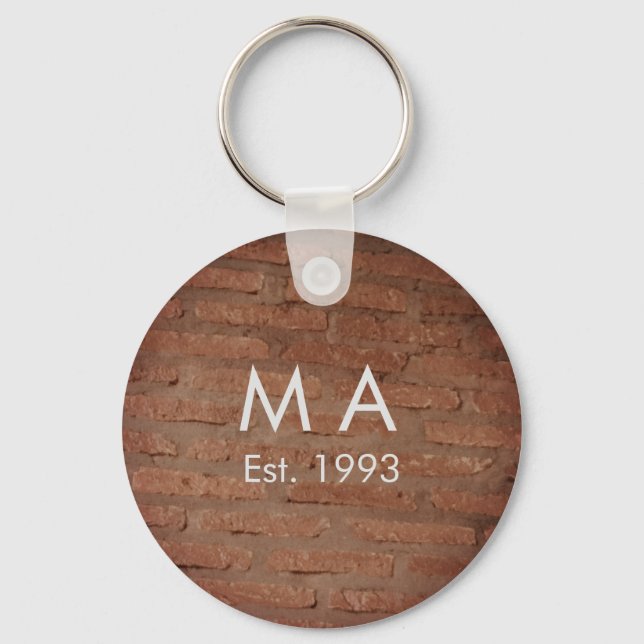 Brown rustic brick stone add name letter year date keychain (Front)