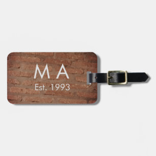 Brown rustic brick stone add name letter year date luggage tag