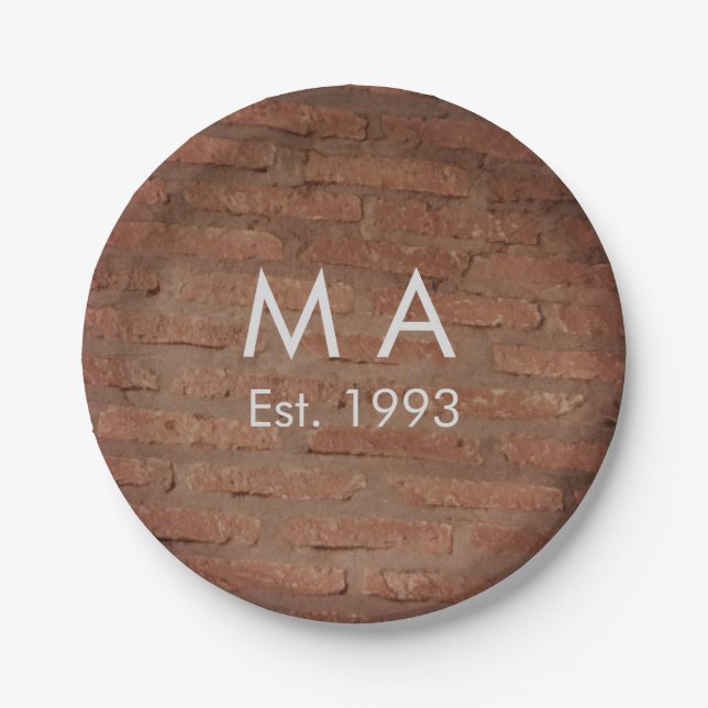 Brown rustic brick stone add name letter year date paper plate (Front)