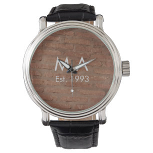Brown rustic brick stone add name letter year date watch
