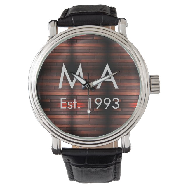 Brown rustic brick stone add name letter year date watch (Front)