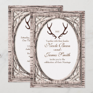 Brown Rustic Deer Antlers White Wood Invitation