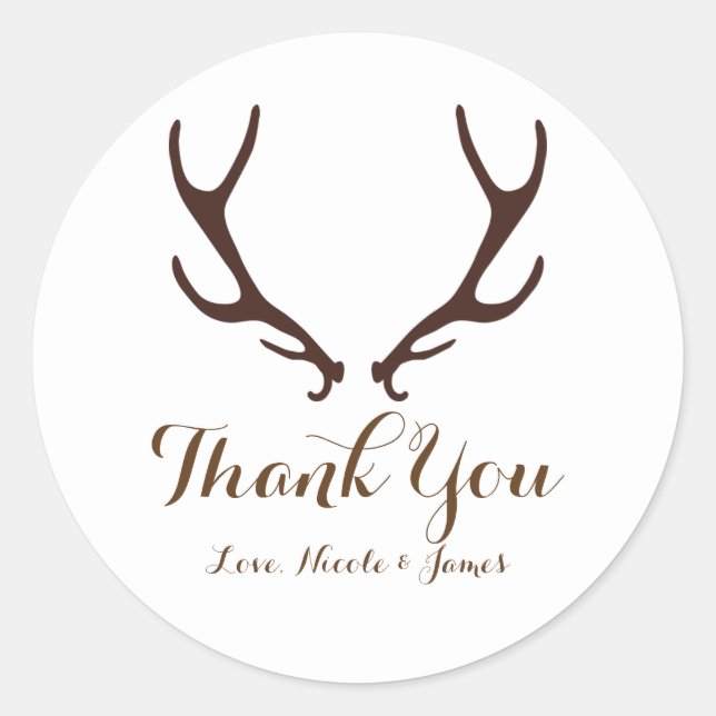 Brown Rustic Deer Antlers Woodsy Wedding Favour Classic Round Sticker (Front)