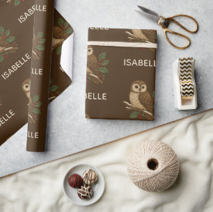 brown Rustic embroidery Christmas Owl with Holly Wrapping Paper