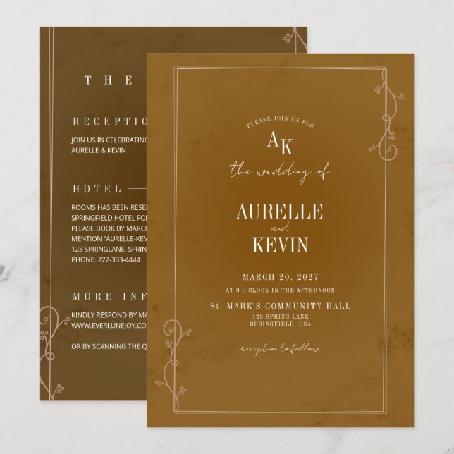  Brown Rustic Floral Marble Elegant QRcode Wedding Invitation (Front/Back)