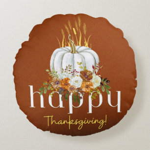 Brown Rustic Happy Thanksgiving Floral Pumpkin   Round Pillow