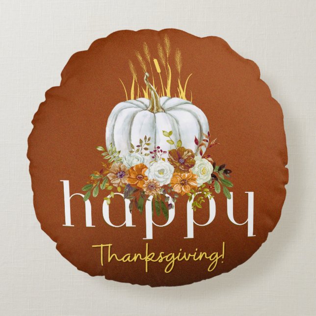 Brown Rustic Happy Thanksgiving Floral Pumpkin   Round Pillow (Front)