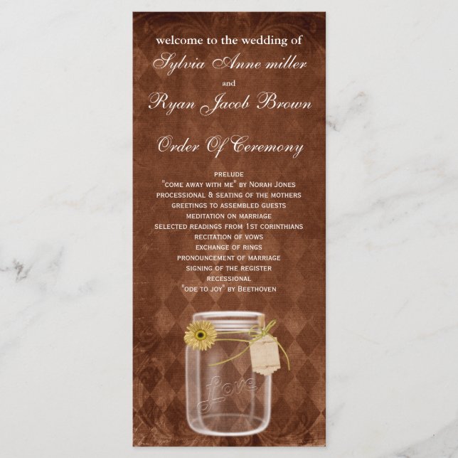 brown rustic mason jar  Wedding program (Front)