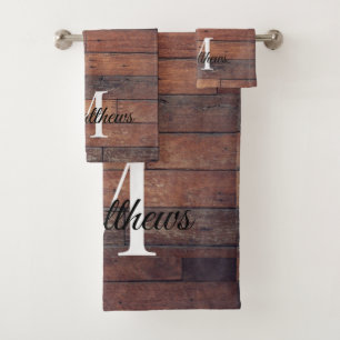 Brown Rustic Monogram Script Farmhouse Name  Bath Towel Set