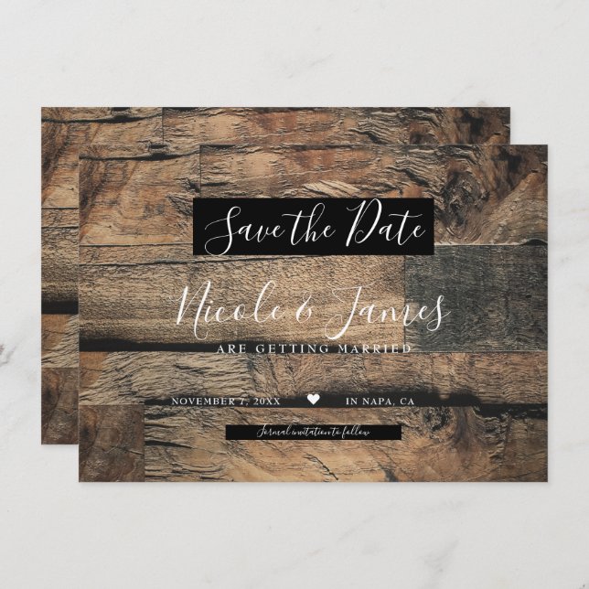 Brown Rustic Old Wood Board Wedding Save the Date Invitation (Front/Back)