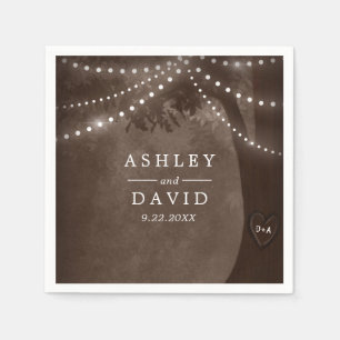 Brown Rustic Tree Initials String Lights Wedding Napkin