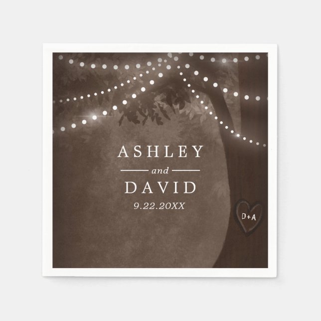 Brown Rustic Tree Initials String Lights Wedding Napkin (Front)