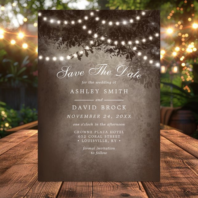 Brown Rustic Tree String Lights Save The Date Card (Creator Uploaded)
