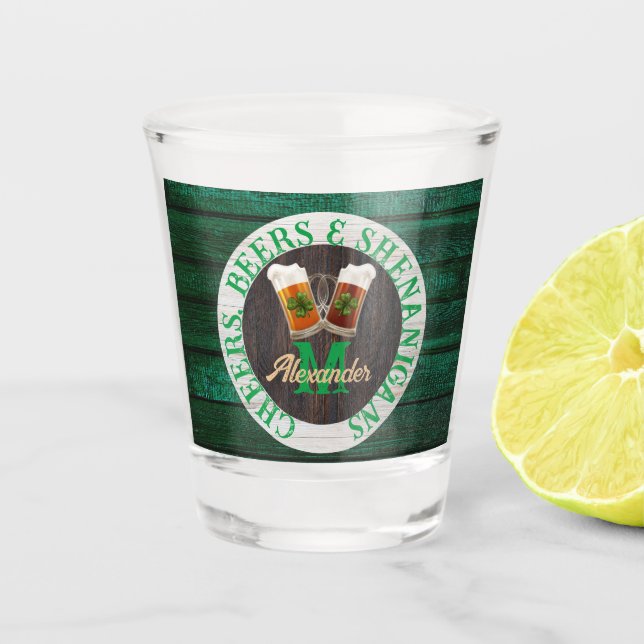 Brown Rustic Wood Cheers Beers Shenanigans   Shot Glass (Front)