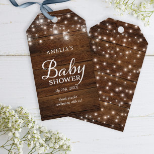 Brown Rustic Wood Mason Jars Lights Baby Shower Gift Tags