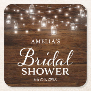 Brown Rustic Wood Mason Jars Lights Bridal Shower Square Paper Coaster