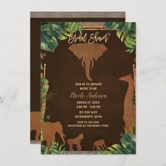 Brown Safari Jungle Zoo Animals Bridal Shower Invitation (Front/Back)