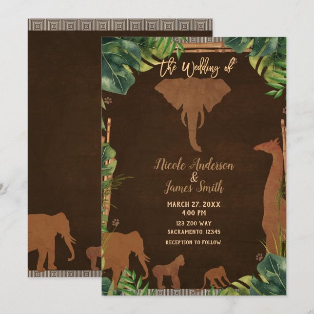 Brown Safari Jungle Zoo Animals Modern Wedding Invitation (Front/Back)