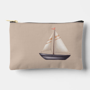 Brown Sailing Boat and Name on Beige Accessory Pouch