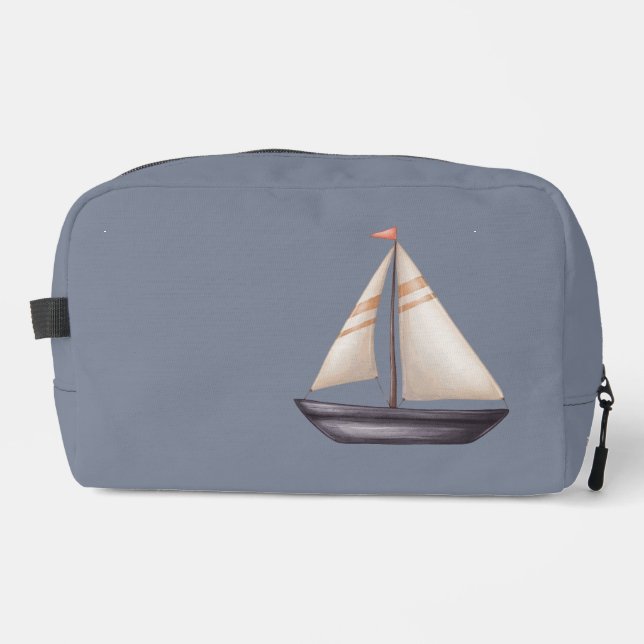 Brown Sailing Boat and Name on Gray Dopp Kit (Front)