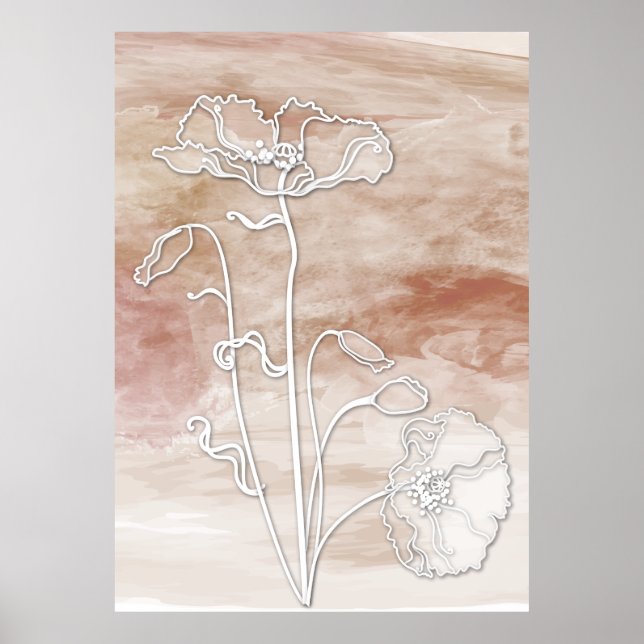 Brown Sand Abstract Watercolor and Poppies Poster (Front)