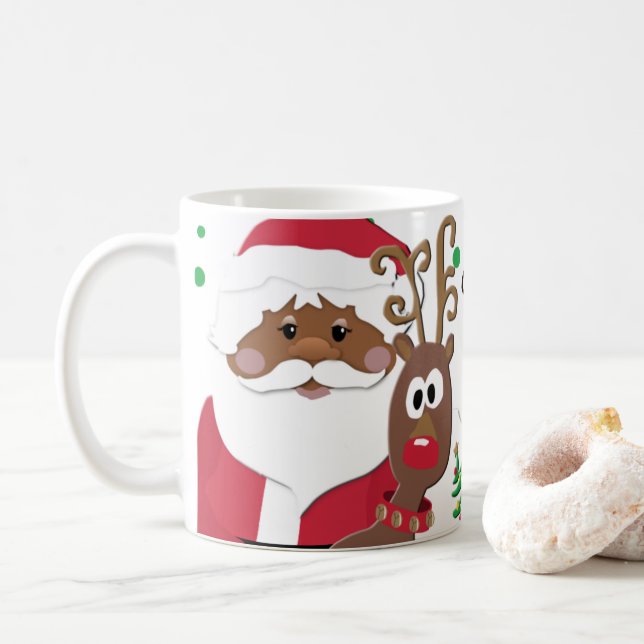 Brown Santa and Rudolph playful Christmas Mug (With Donut)