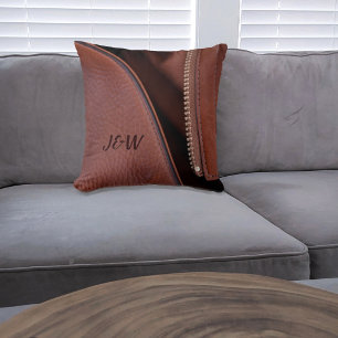 Brown Satin and Unzipped Faux Leather Throw Pillow