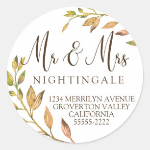 Brown Script Autumn Vine Wedding Return Address Classic Round Sticker