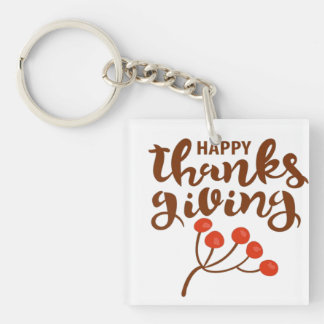 Brown Script Happy Thanksgiving Text With Autumn B Keychain