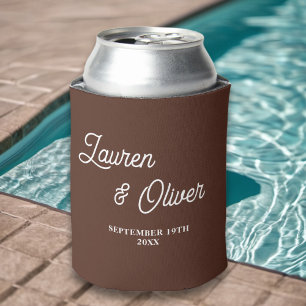 Brown Script Minimalist Wedding Can Cooler