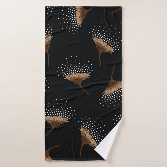 brown seamless flowers pattern on black background bath towel (Bath Towel)